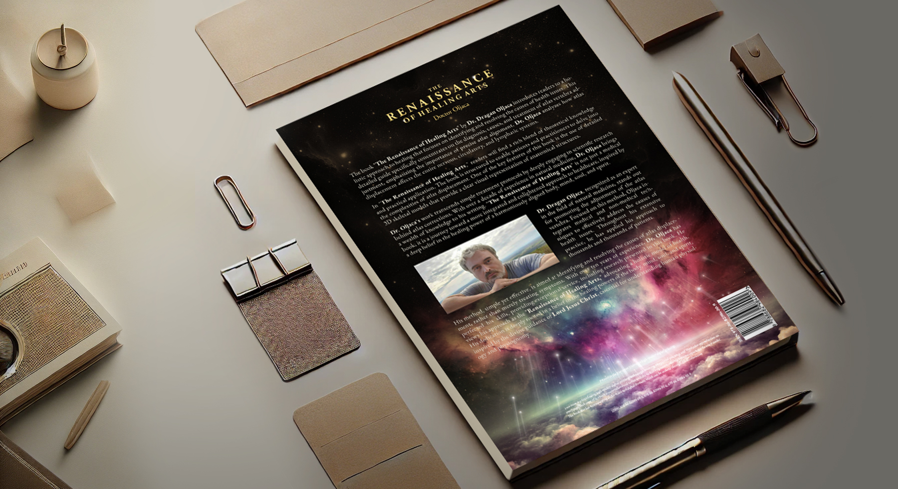 Back cover of 'The Renaissance of Healing Art' featuring Doctor Oljaca, his work, and the concept of spiritual and intellectual return.