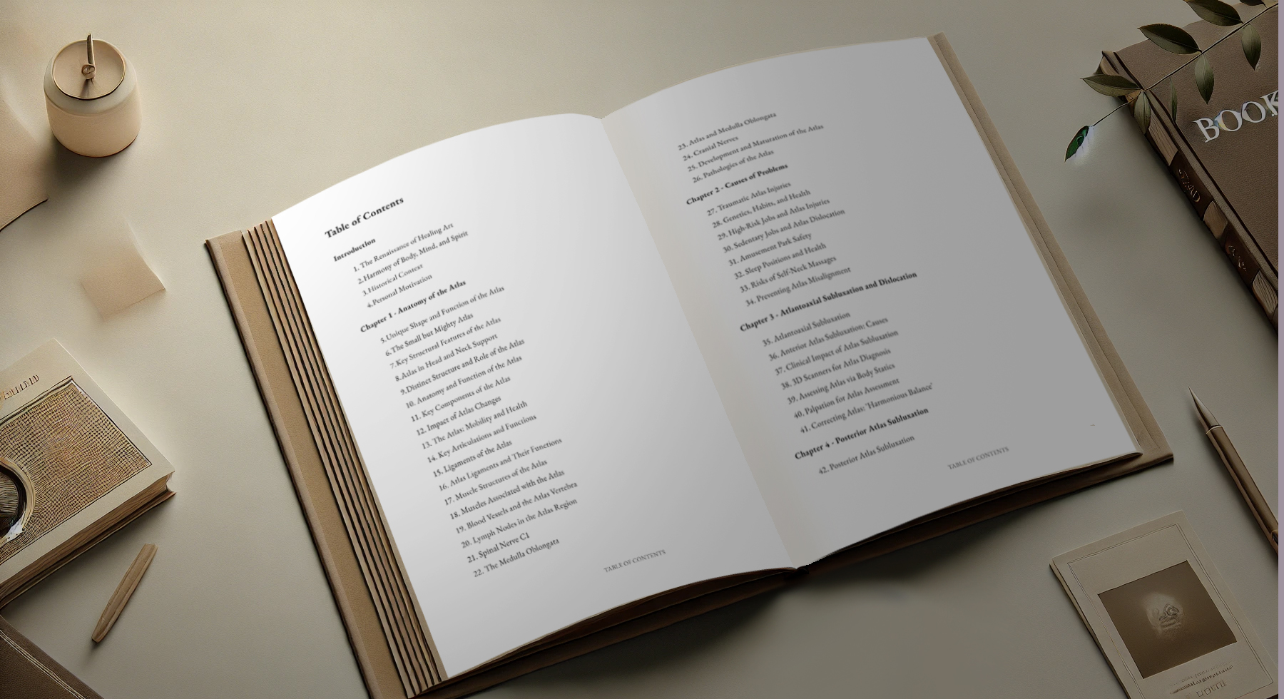 Table of Contents from 'The Renaissance of Healing Art,' listing 10 chapters, 90 topics, and 435 pages.