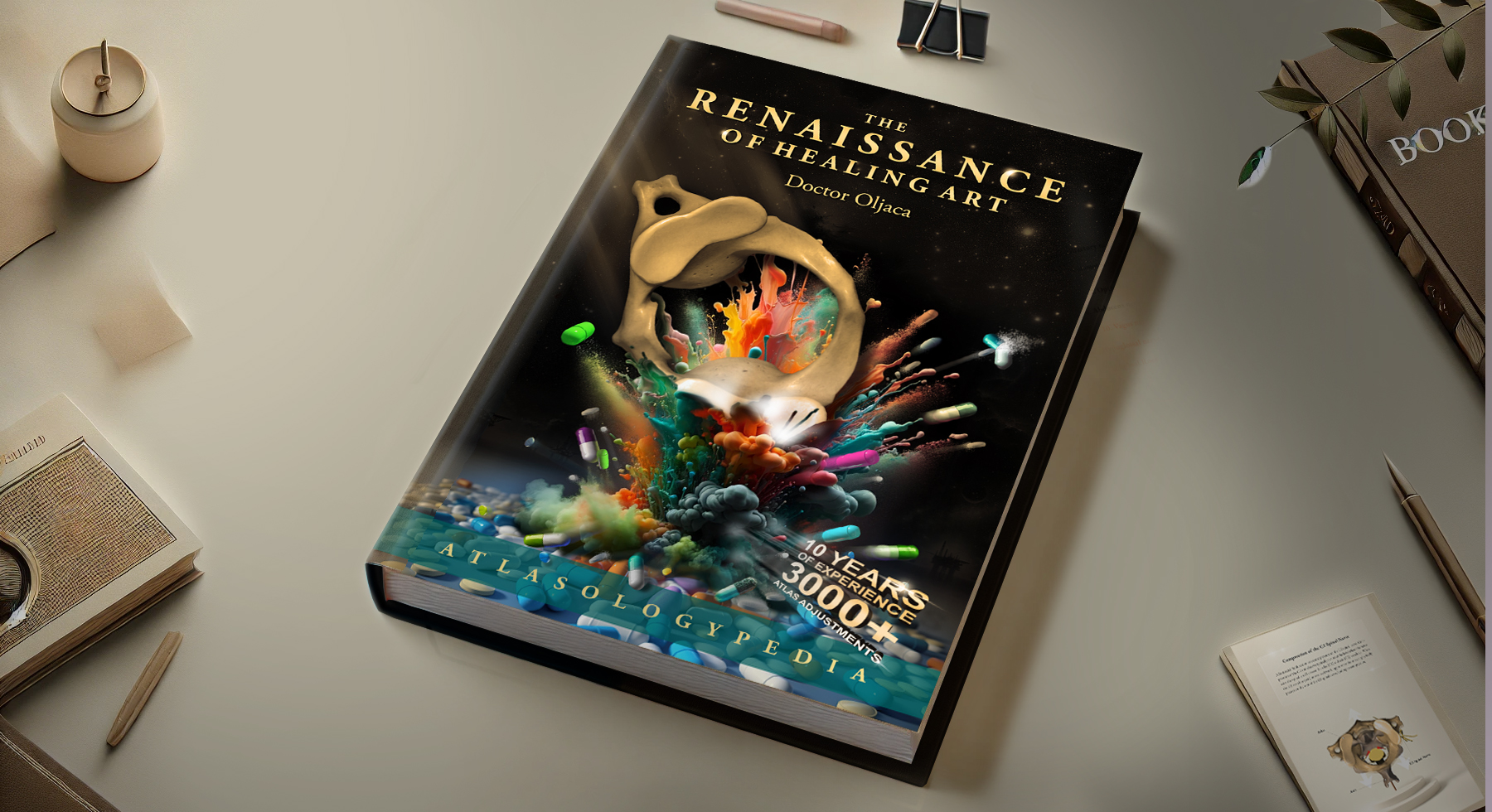 Cover of the book 'The Renaissance of Healing Art' by Doctor Oljaca, showcasing the atlas vertebra and its transformative impact.
