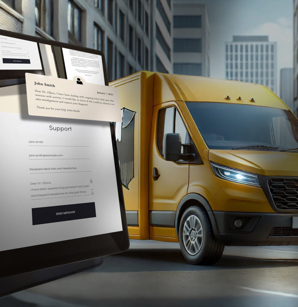 Delivery van alongside the Privacy and Returns Policy page from Doctor Oljaca's website.